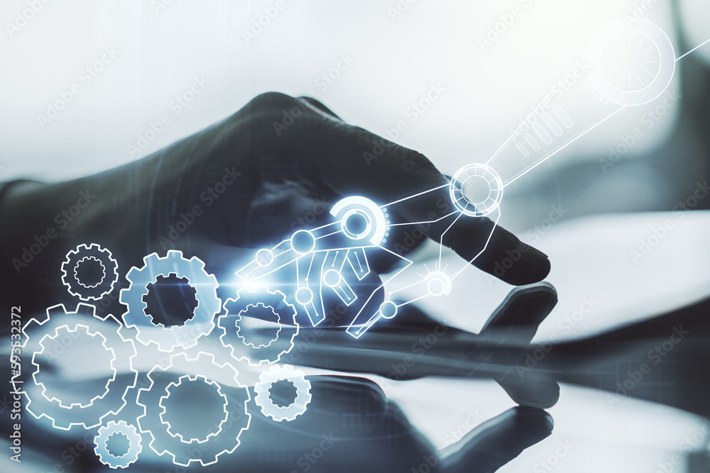 Aufkleber Creative abstract robotics technology sketch and hand working with a digital tablet on background, future technology and AI concept. Double exposure