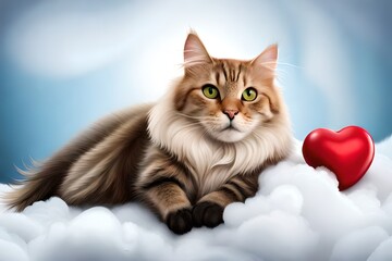 Obraz premium Cat lying on white clouds, romantic scene