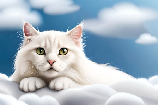 Cat lying on white clouds, romantic scene