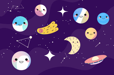 pattern with planets kawaii vector background