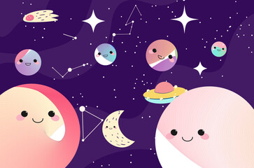 pattern with planets kawaii vector background - obrazy, fototapety, plakaty