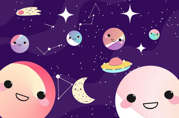 pattern with planets kawaii vector background
