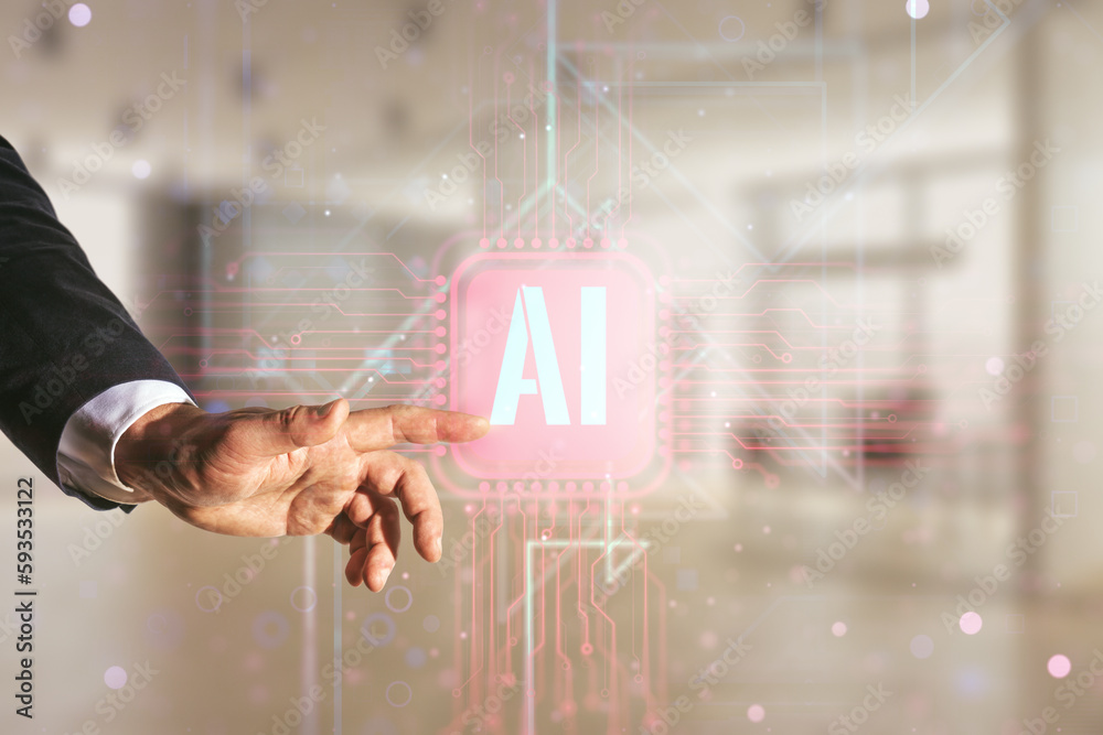 Aufkleber man hand clicks on creative artificial intelligence symbol hologram on blurred office background. do