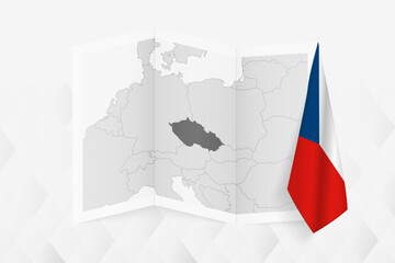 A grayscale map of Czech Republic with a hanging Czech flag on one side. Vector map for many types of news.