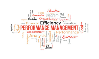 Fototapeta premium Word cloud background concept for Performance management. Employee commitment progress strategy of business coaching efficiency. vector illustration.