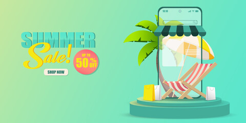  summer sale banner up to 50 percent off on mobile phone.Shopping online on smartphone.summer vacation illustrations for shopping 
