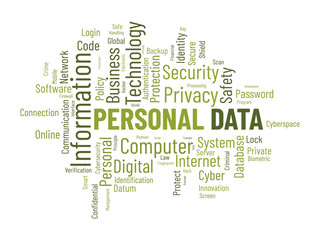 Word cloud background concept for Personal data. Digital safety protection policy used for personal internet security. vector illustration.