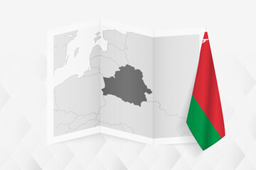 A grayscale map of Belarus with a hanging Belarusian flag on one side. Vector map for many types of news.