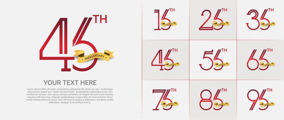 set of anniversary logotype red color with golden ribbon for special celebration event