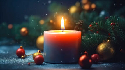 Christmas background with a burning candle and decor details, generative AI.
