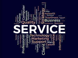 Word cloud background concept for Service. Quality support, client management advice of communication strategy. vector illustration.
