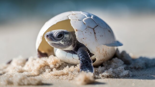 Baby turtles hatching from a cracking egg and running to the sea on the beach. Generative AI