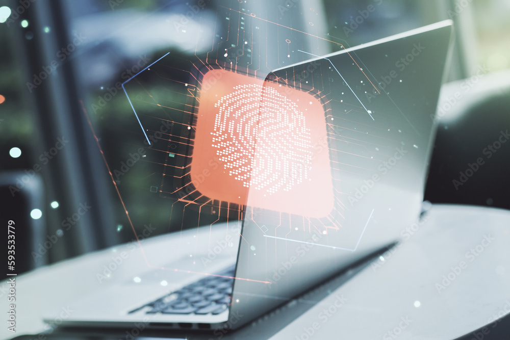 Poster double exposure of abstract creative fingerprint hologram on computer background, protection of pers