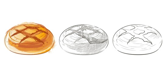 loaf of bread. Rye rounde rustic bread or whole grain baked bread. Logo, icon. Vector Sketch realistic line vintage illustration