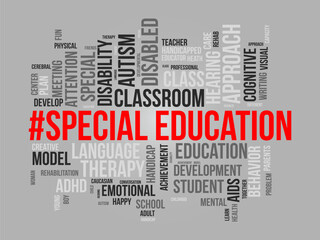 Word cloud background concept for Special Education. Disability development, special child behavior of development approach plan. vector illustration.