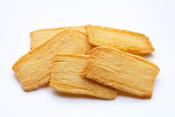 Cheese crispies on white background.