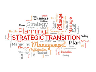 Word cloud background concept for Strategic transition. Business planning progress for change future goal. vector illustration.