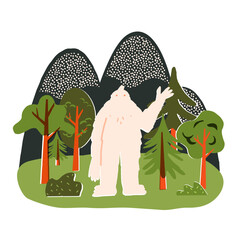 Cute nature landscape with trees and mountains, funny greeting yeti, waving hand. Friendly bigfoot monster in the woods.