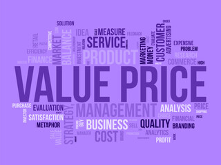 Word cloud background concept for Value price. Financial analysis metaphor with balance measure. vector illustration.