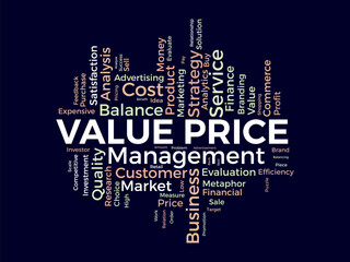 Word cloud background concept for Value price. Financial analysis metaphor with balance measure. vector illustration.
