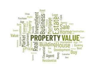 Word cloud background concept for Property value. Investment business, financial loan mortgage, housing evaluation of property business. vector illustration.