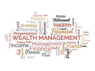Obraz premium Word cloud background concept for Wealth management. Financial investment, income plan strategy of profit management. vector illustration.
