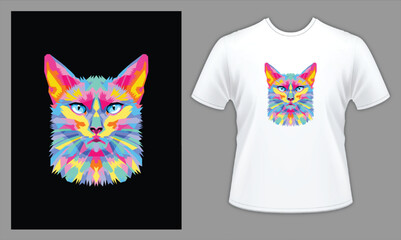 Colorful Bright Modern Illustrative Cat Head T-shirt, t-shirt and apparel trendy design, elegant and classic design source, vectors for T-shirts designs, graphics resource for t shirt, t shirt graphic