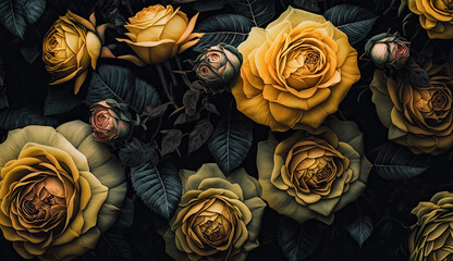 Petals of Passion: A Lush Collection of Roses (Yellow & Black) - obrazy, fototapety, plakaty