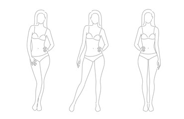 Woman body. Full-length girl standing portrait. Set of body-positive female. Different posing figures. Vector fashion silhouette outline line illustration