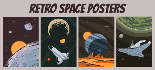 Retro Style Outer Space Posters Set. Astronomy Solar System And Rocket Vintage Illustrations © koyash07