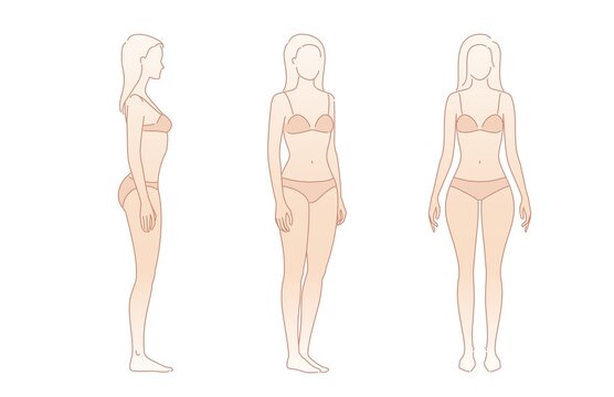 Woman body. Full-length girl standing portrait. Set of body-positive female. Different posing figures. Vector fashion silhouette outline line illustration