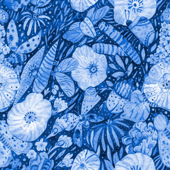 Bright Bug Doodles Seamless Pattern, Summer Watercolor Beetles with Floral Delights