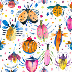Bright Bug Doodles Seamless Pattern, Summer Watercolor Beetles with Floral Delights
