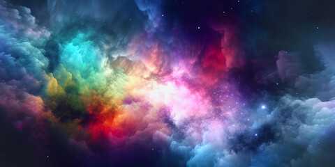Fototapeta na wymiar galaxy universe background with multicolored fractal nebula dust. Generative ai