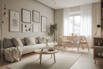 Fototapeta na wymiar Warm pastel white and beige colors are used in the interior design of the spacious, cheerful studio apartment in the Scandinavian style generative ai