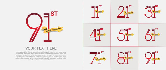 set of anniversary logotype red color with golden ribbon for special celebration event