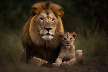 A portrait photography composition captures the majesty of a male lion with its adorable cub