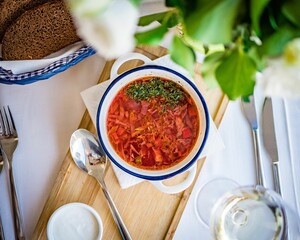Overhead shot of a tasty borscht sopu  served at a restaurant