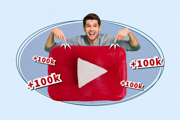 Photo collage artwork minimal picture of funny smiling guy asking subscribe his youtube channel isolated drawing background