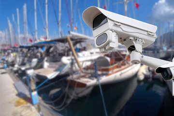 Pair of outdoor security cameras in yachting harbor.