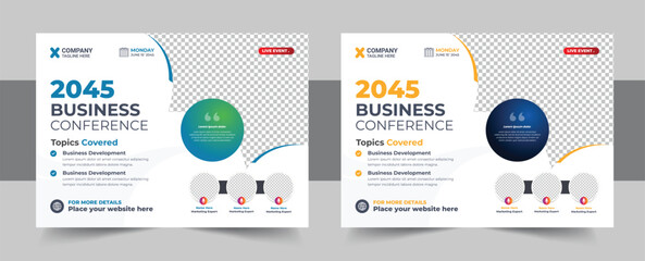 Conference flyer and invitation banner template design, Annual corporate business workshop, meeting or training promotion poster, Online digital marketing horizontal cover design