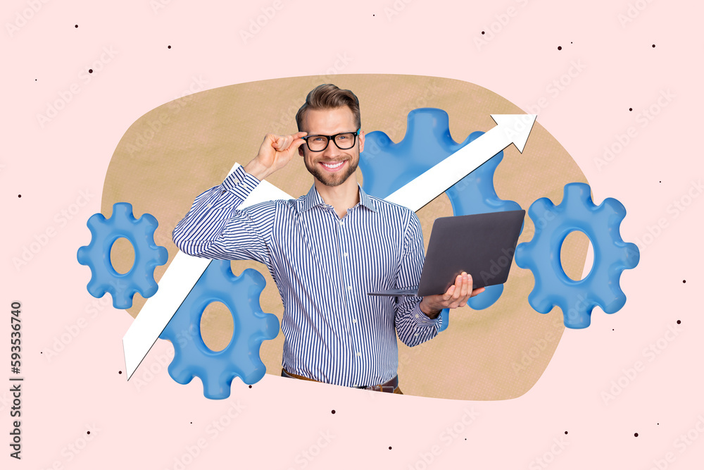 Poster creative 3d photo artwork graphics collage painting of happy smiling guy inventing startup isolated 