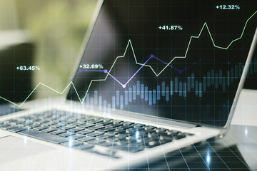 Multi exposure of abstract creative financial graph on modern computer background, forex and investment concept