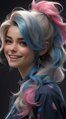 Close up 3d concept character art of woman, blue and pink gradient hair color, playful, memorable smile, big smile, raised corners of mouth, generative ai