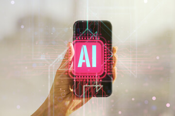 Creative artificial Intelligence symbol concept and hand with mobile phone on background. Double exposure