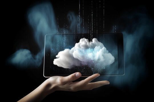 Cloud Computing Concept: Hand Holding Tablet with Cloud and Data on Dark Background