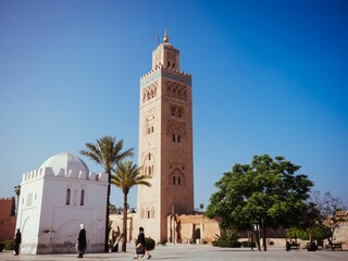 Fototapeta na wymiar Tower with palm trees under the blue sky in Morocco.