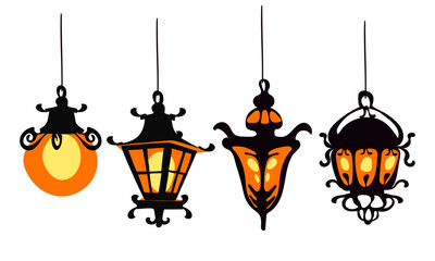 A set of decorative hanging street lights. Black garden lamps in different styles of Art Nouveau, classic, minimalism. Street lamp. An old-style metal lamp. Vector illustration for Halloween decor