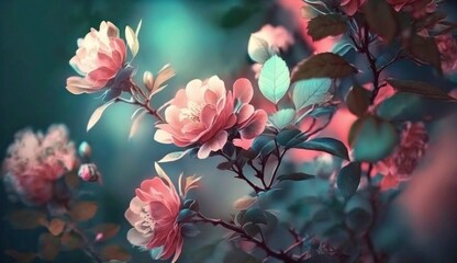 Obraz na płótnie Canvas bush rose in bloom. Natural spring floral backdrop. wallpaper with spring floral . Focusing softly and carefully on rose blossoms.generative AI