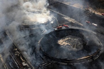 Aerial shot of a fire at the supertanker base in matanzas, cuba